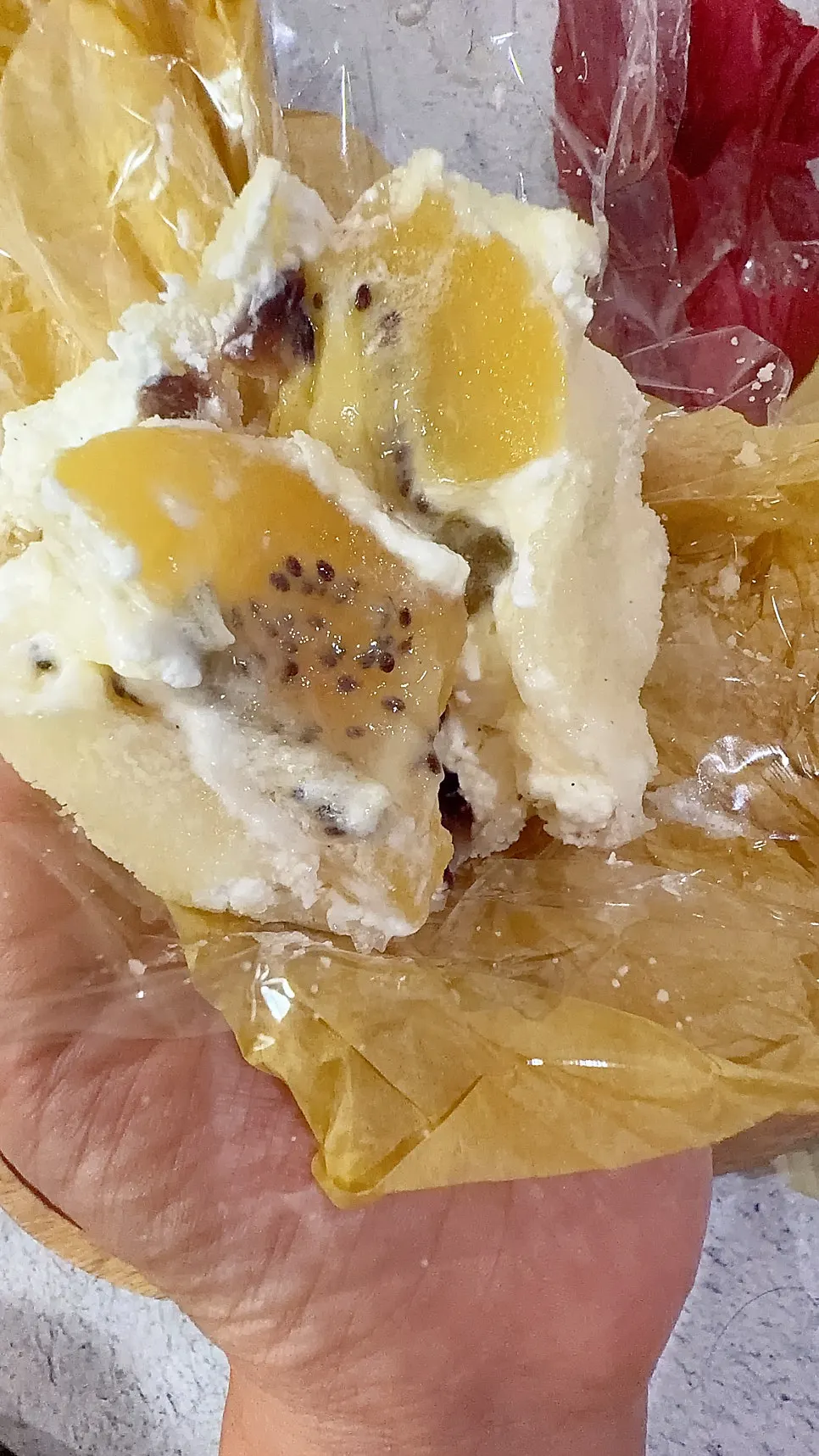 Cross-section of a bite-sized gold kiwi mochi