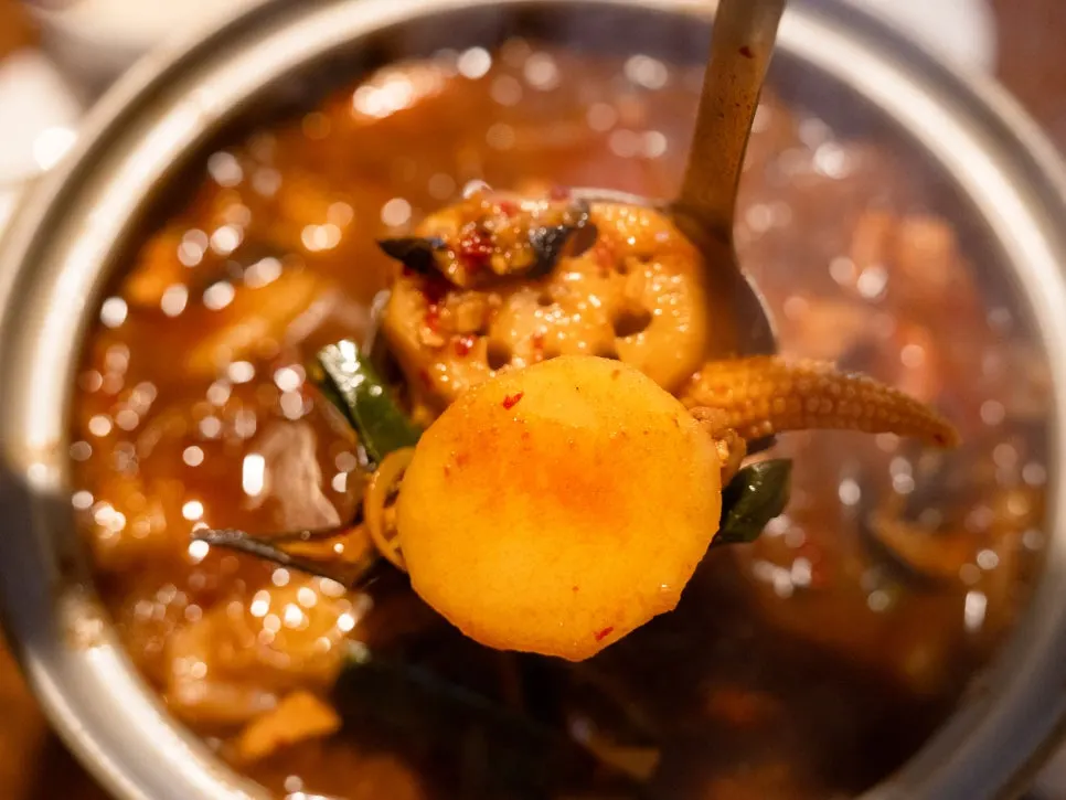 Jjimdak ingredients including lotus root, corn, and potato