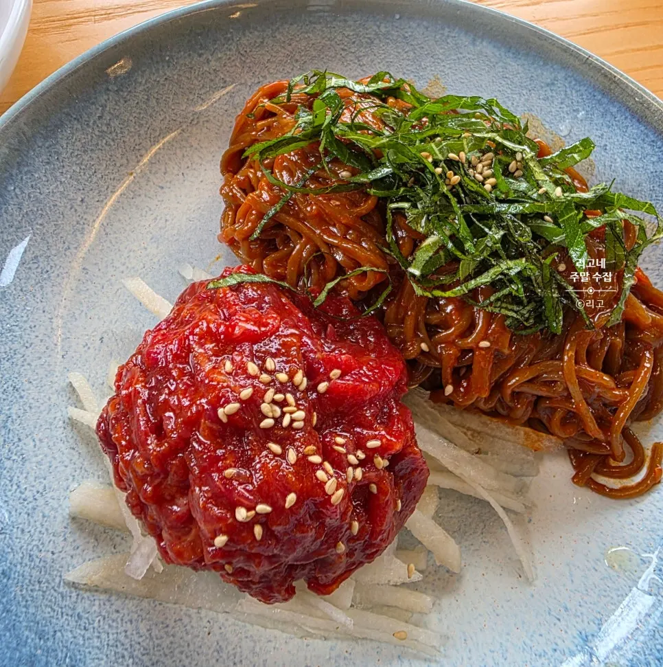 A bowl of Korean beef tartare buckwheat noodles