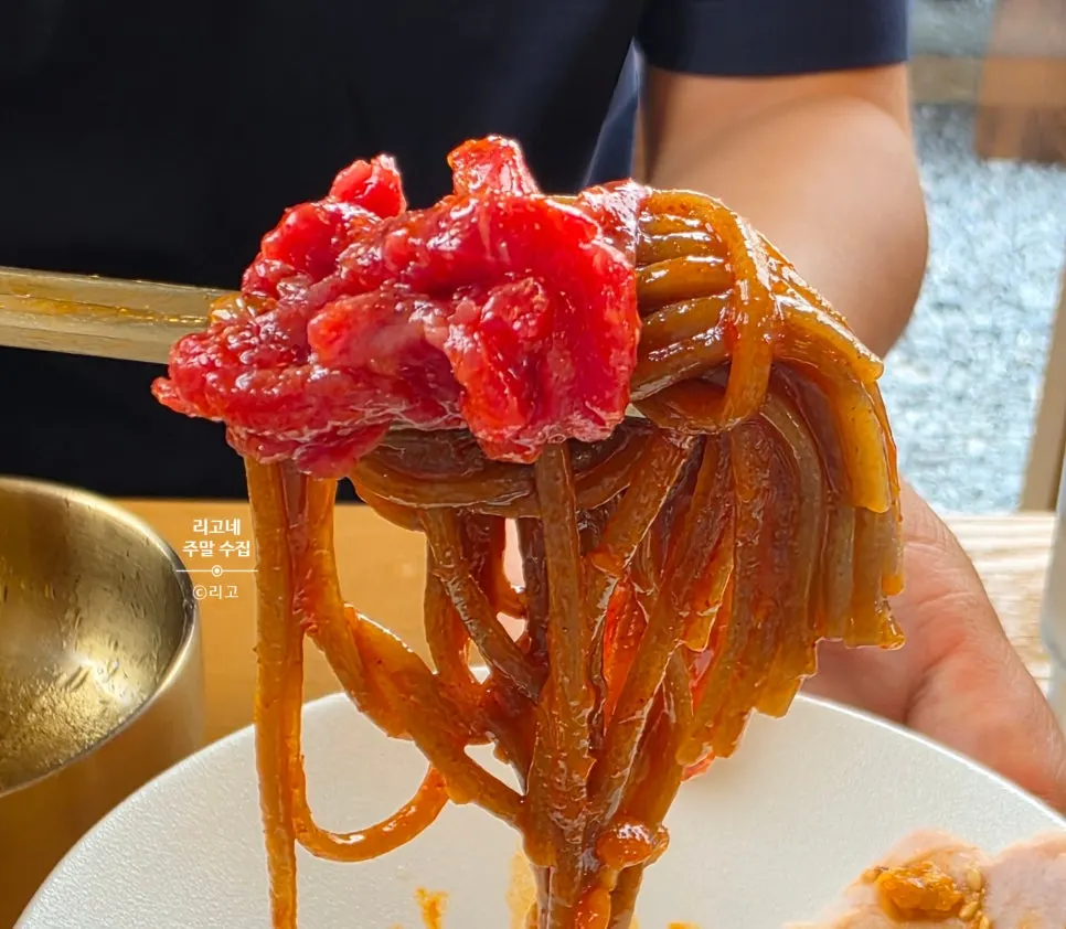 Korean beef yukhoe served with pear and buckwheat noodles