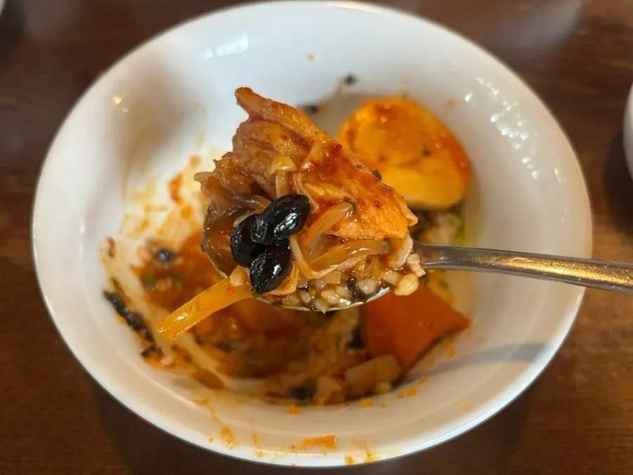Glass noodles and sumi potatoes scooped from the dakbokkeumtang