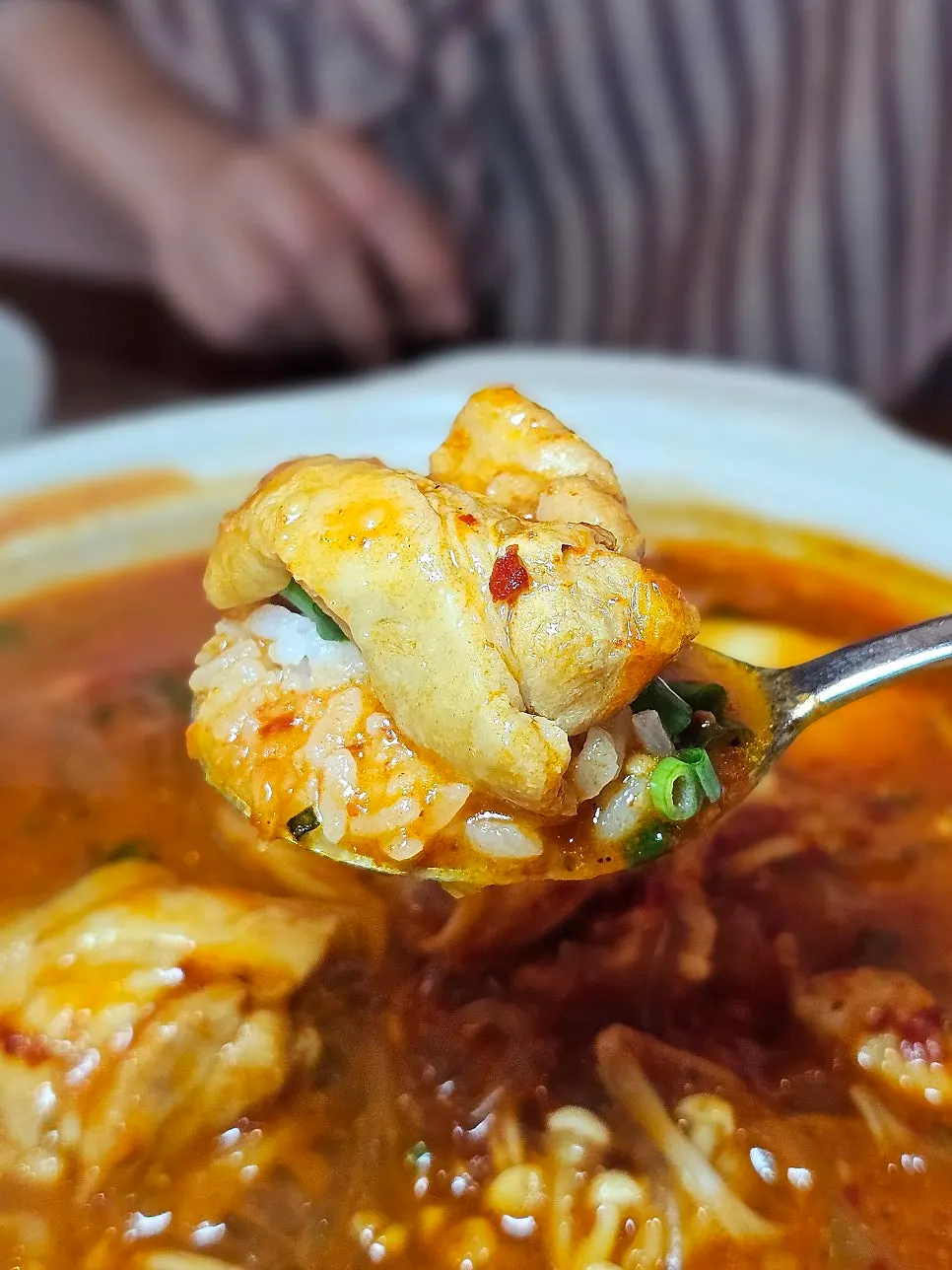 A bowl of tomato cheese chicken stew
