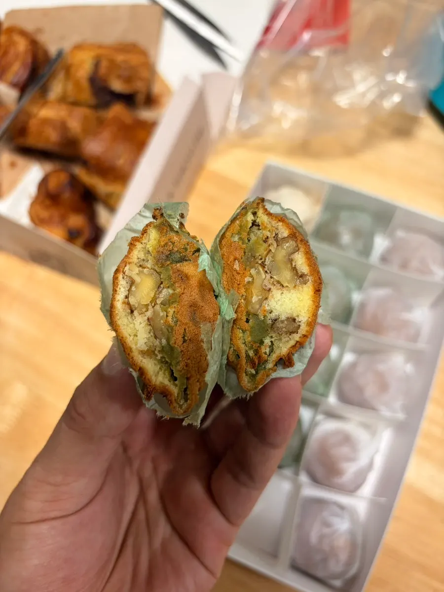 Cross-section of a pea cream cheese walnut pastry