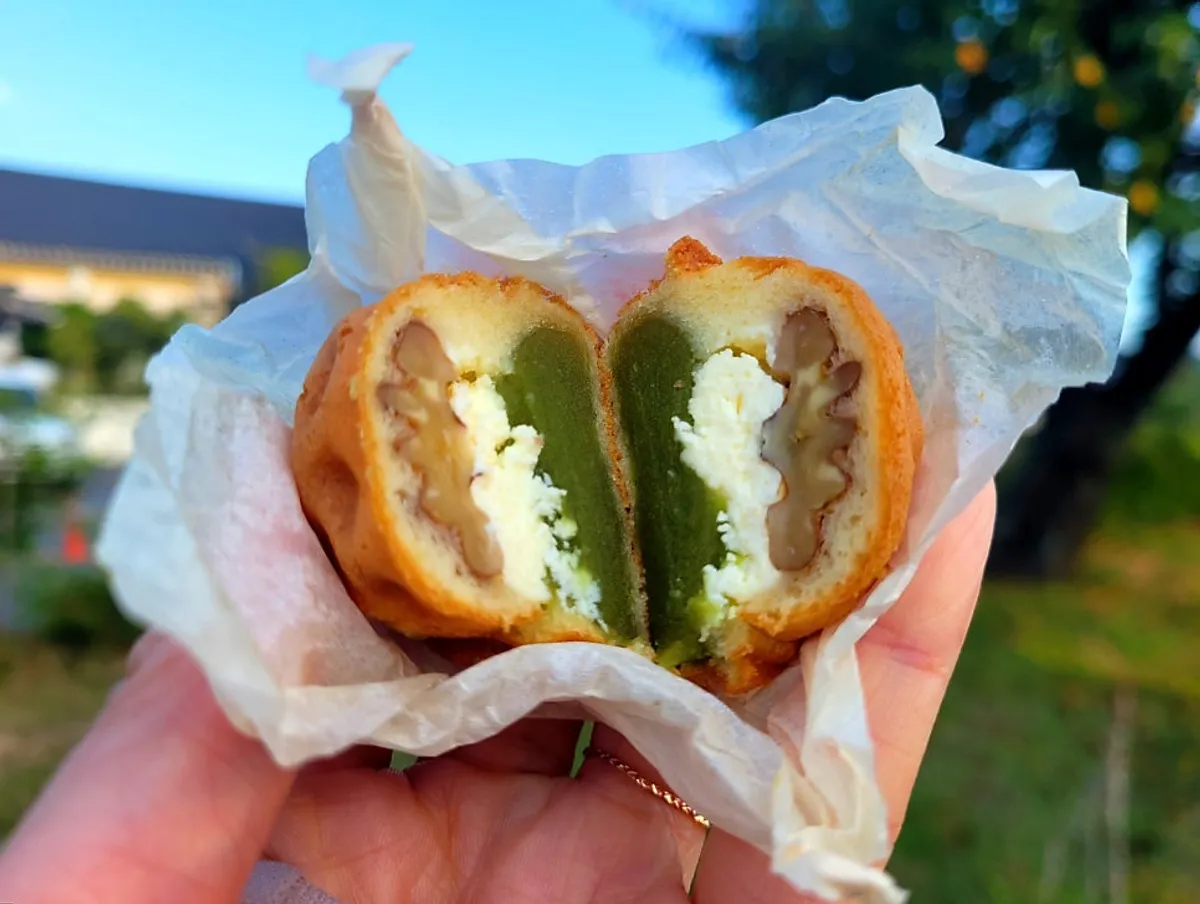 Cross-section of pea cream cheese walnut pastry