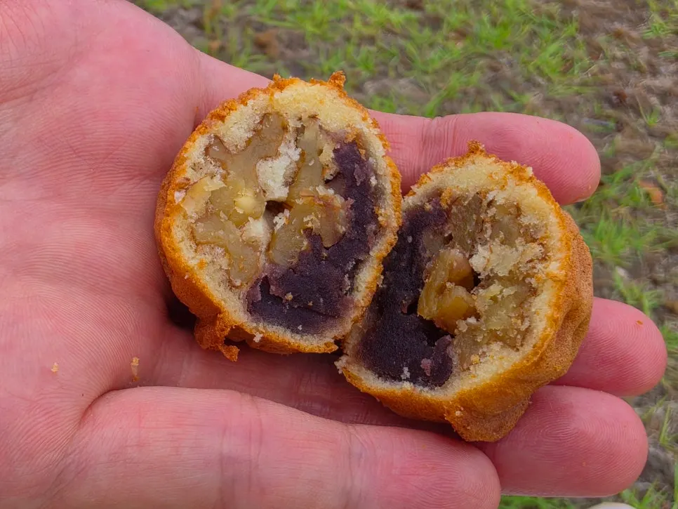 Cross-section of a low-sugar red bean walnut pastry with a whole walnut inside