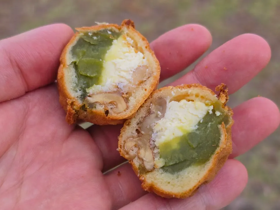 Cross-section of a pea cream cheese walnut pastry
