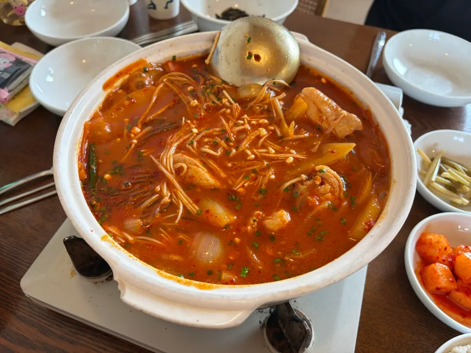 A family meal spread at Dongyang Baekban with the kids
