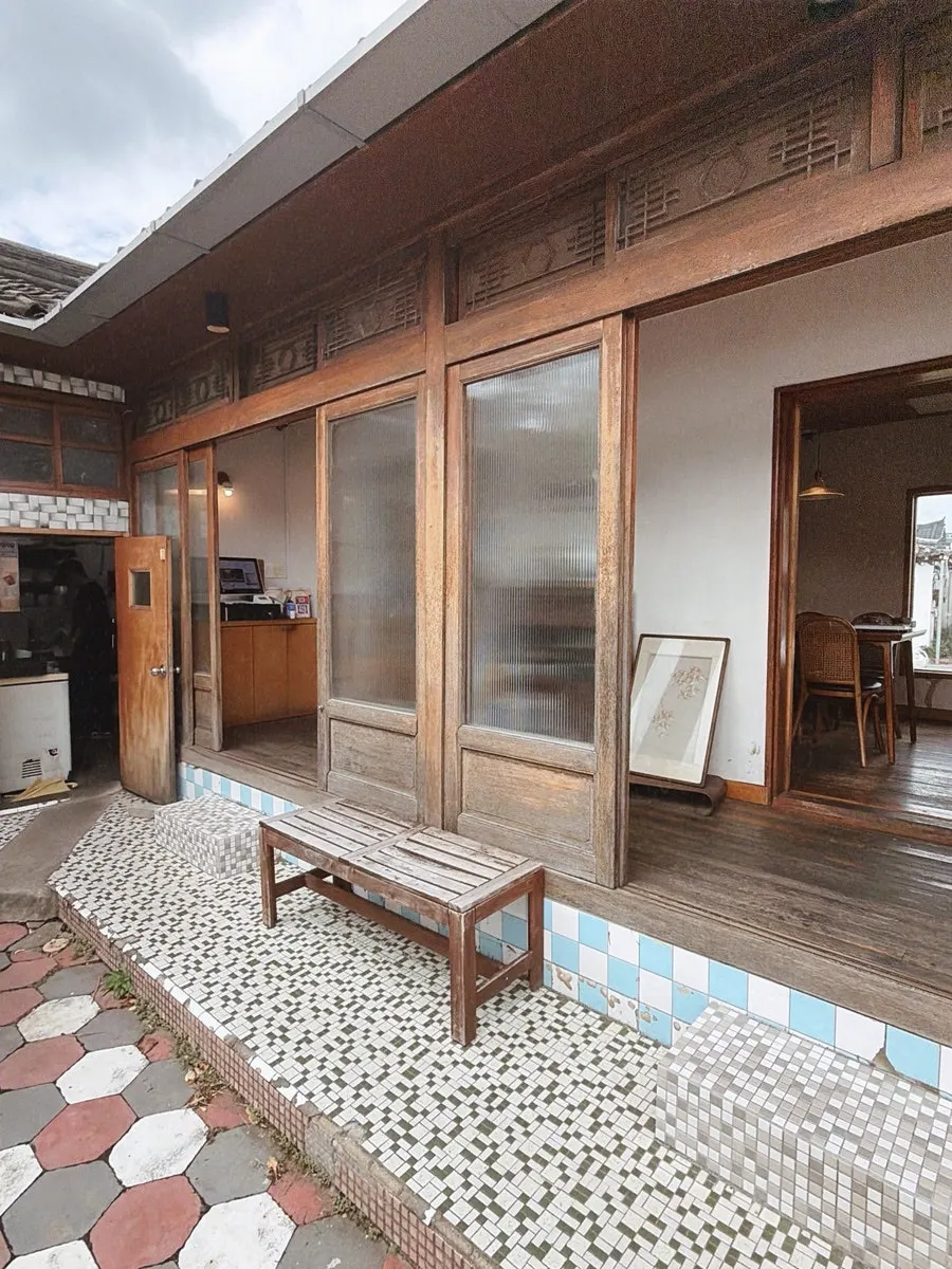 Entrance of the hanok building with wooden lattice doors