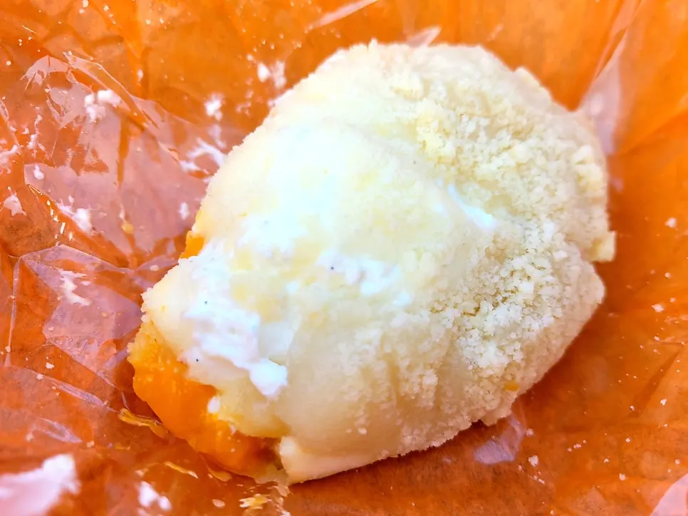 Cross-section of mango mochi cut horizontally