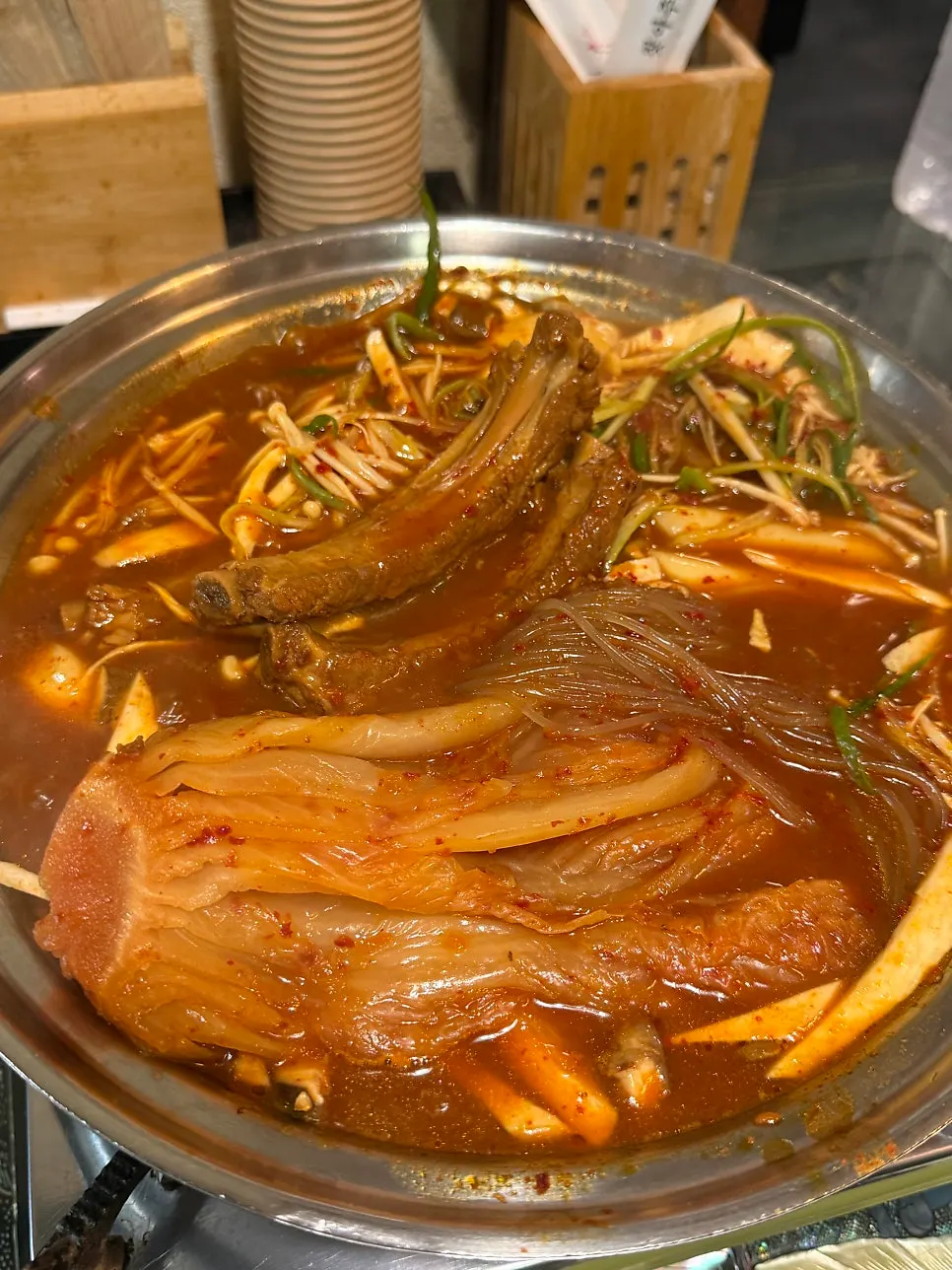 Close-up of the aged kimchi rib stew simmering