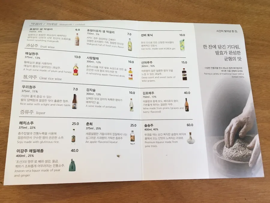 Goyu's traditional liquor menu, including makgeolli and fruit wine