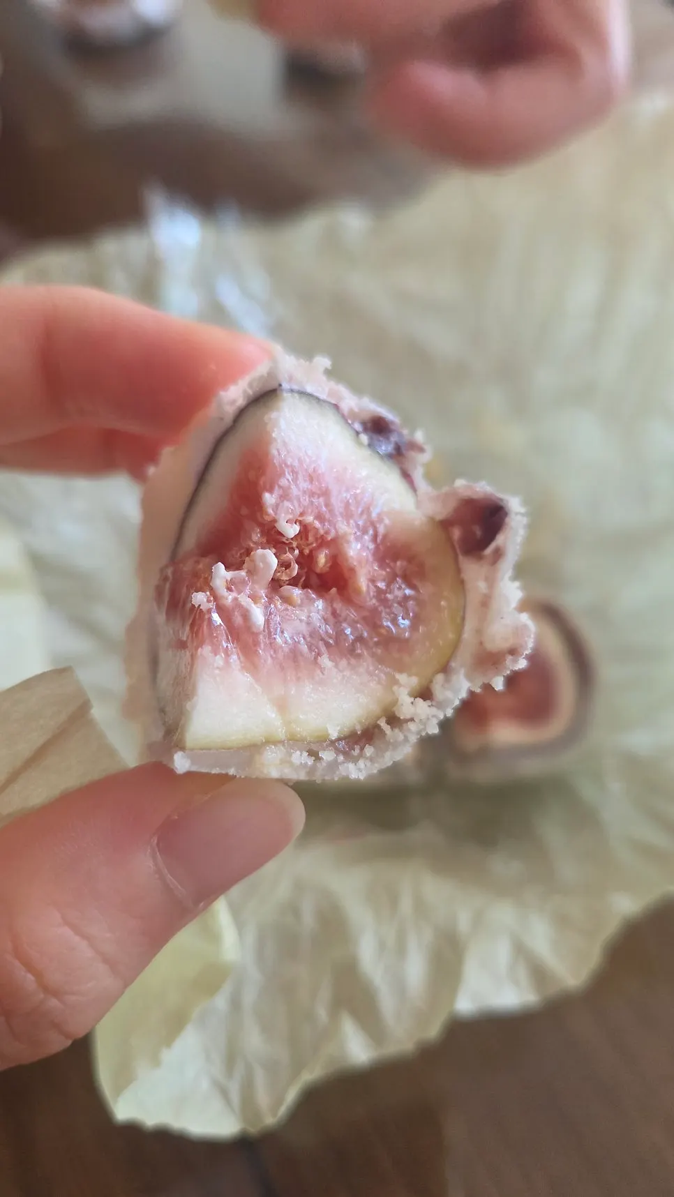 Photo held up with the fig mochi