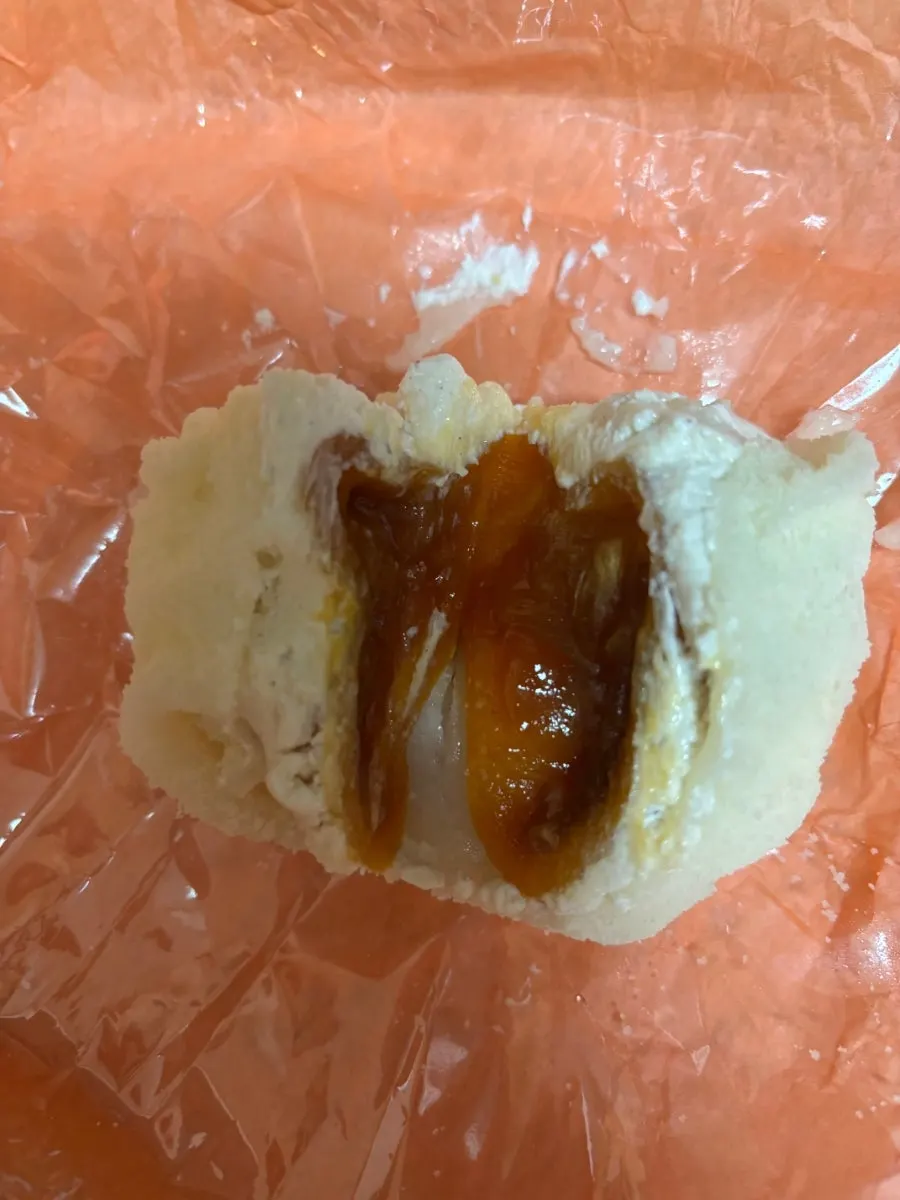 Cross-section of the persimmon mochi cut in half