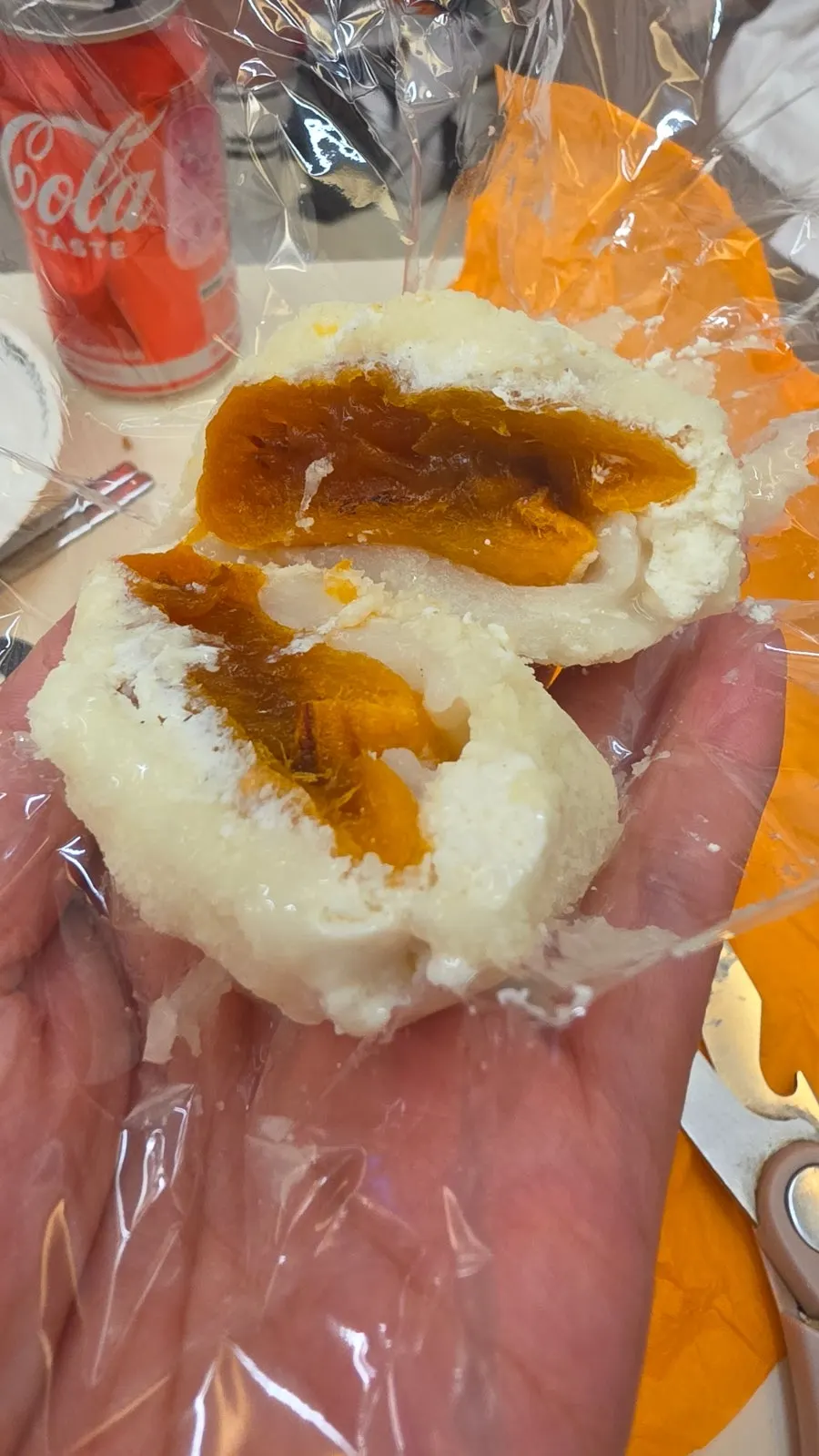 Cross-section of the slightly softened persimmon yogurt mochi