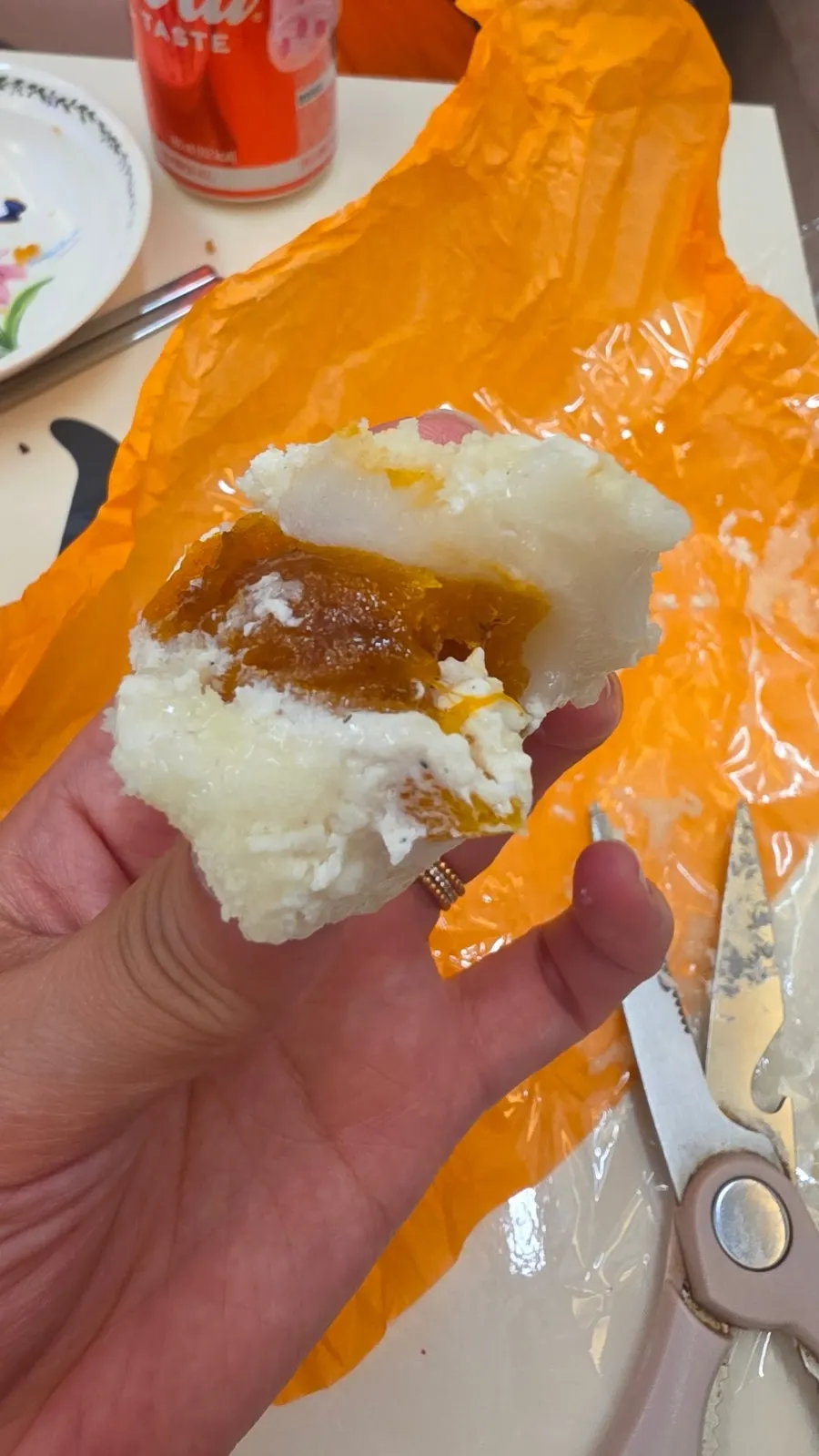 A bite taken out of the low-sugar dried persimmon yogurt mochi