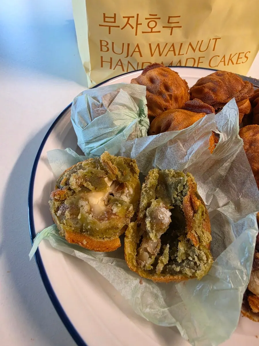 Cross-section of a matcha walnut pastry