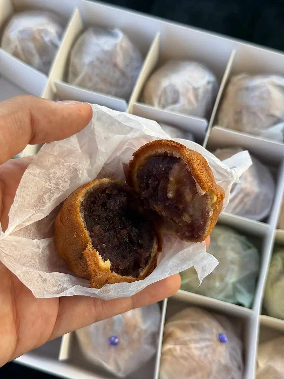 24-piece mix box with red bean, pea cream cheese, and matcha flavors