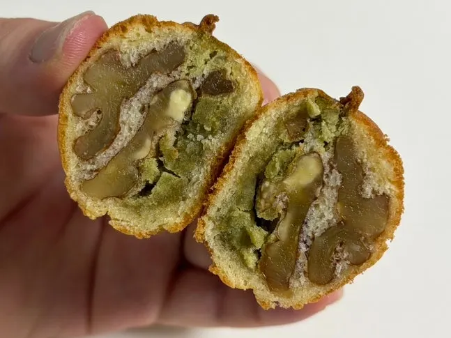 Cross-section of the matcha filling walnut pastry