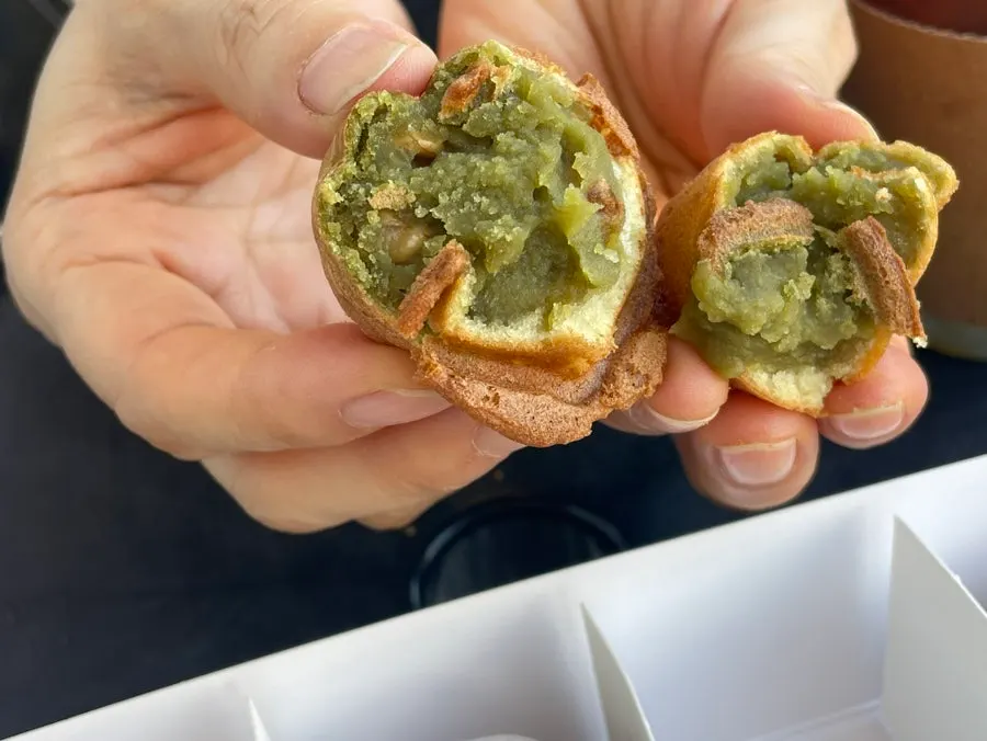 Inside view of the matcha filling walnut pastry