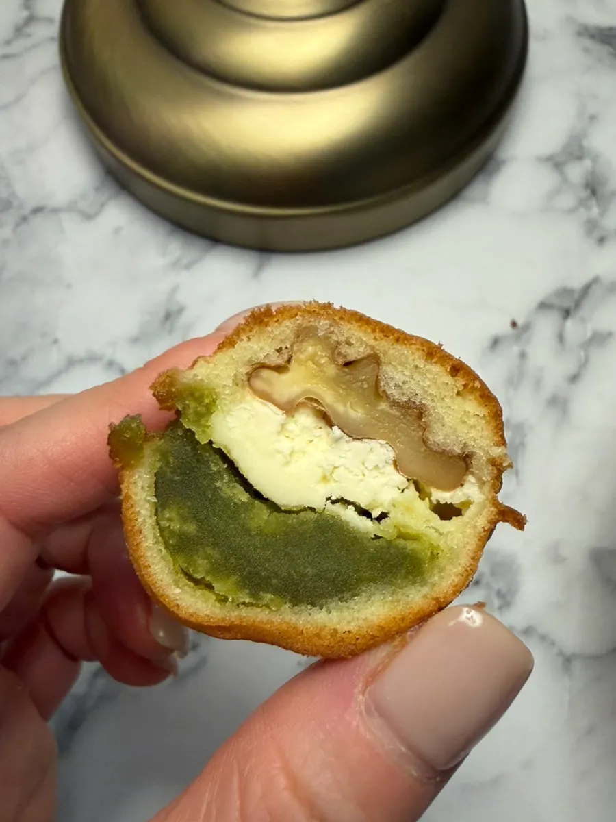 Cross-section of pea paste and cream cheese filling