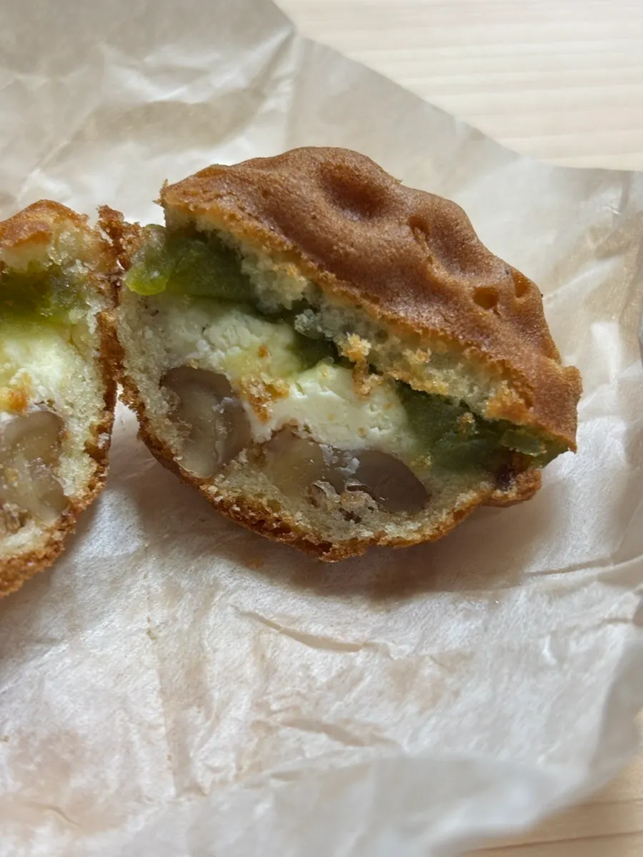 Inside view showing pea paste and cream cheese