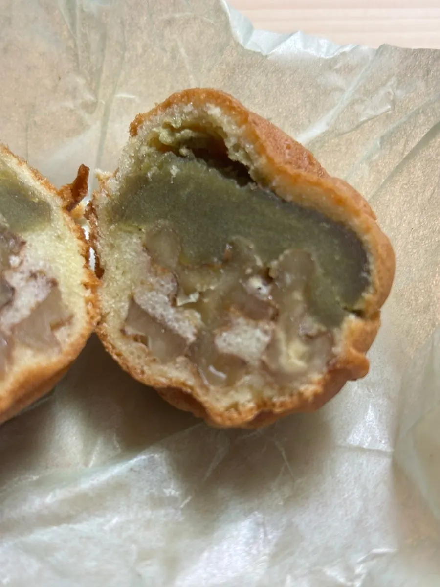 Walnut pastry with vivid green matcha filling