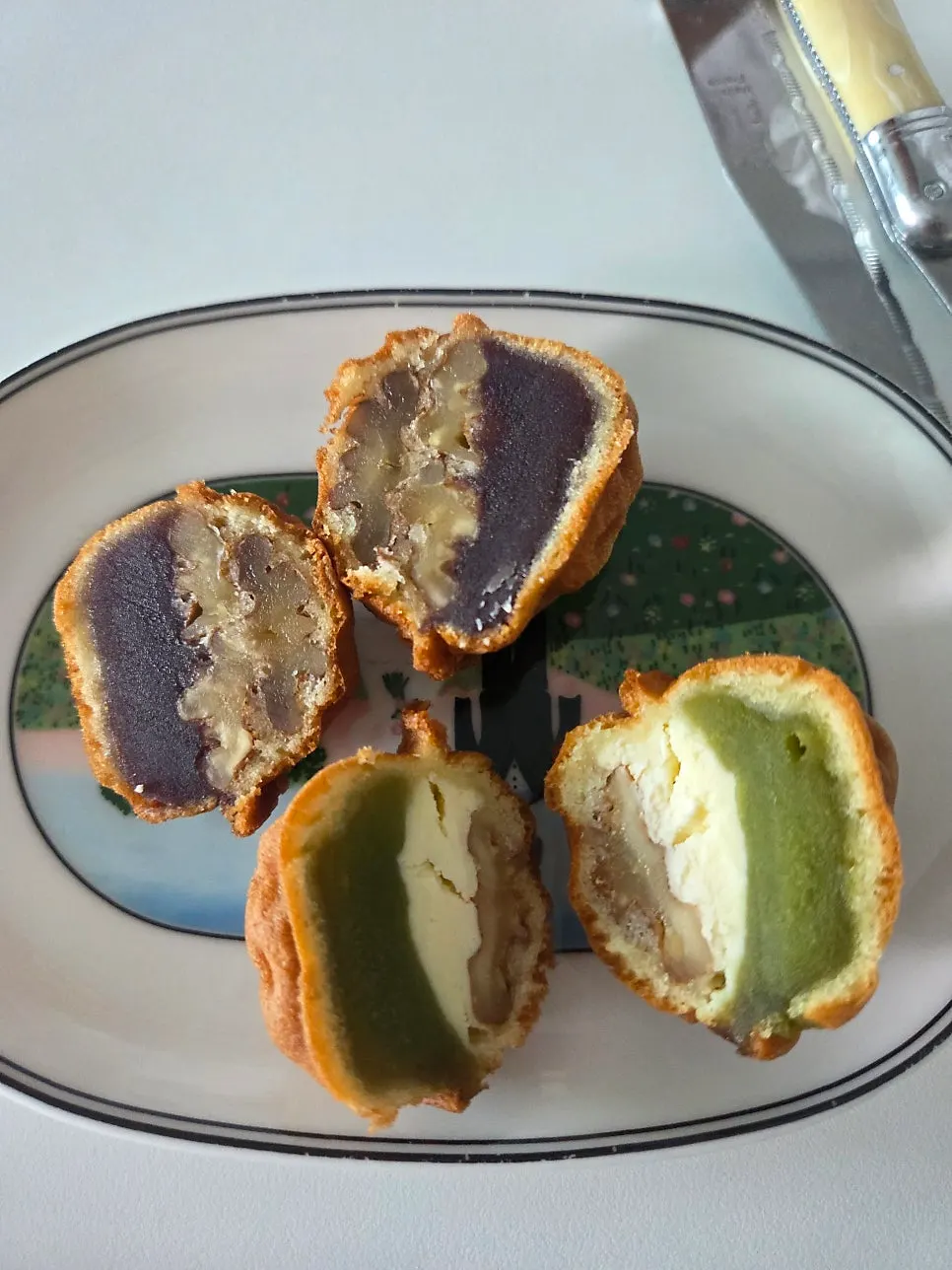 Cross-section of a generously filled walnut pastry