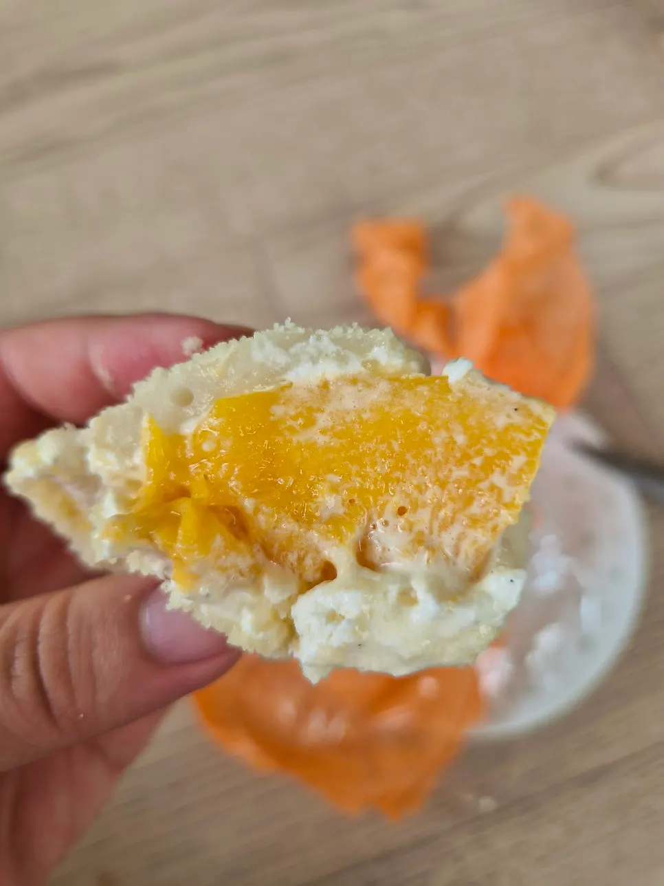 Mango mochi with a large piece of fresh mango inside