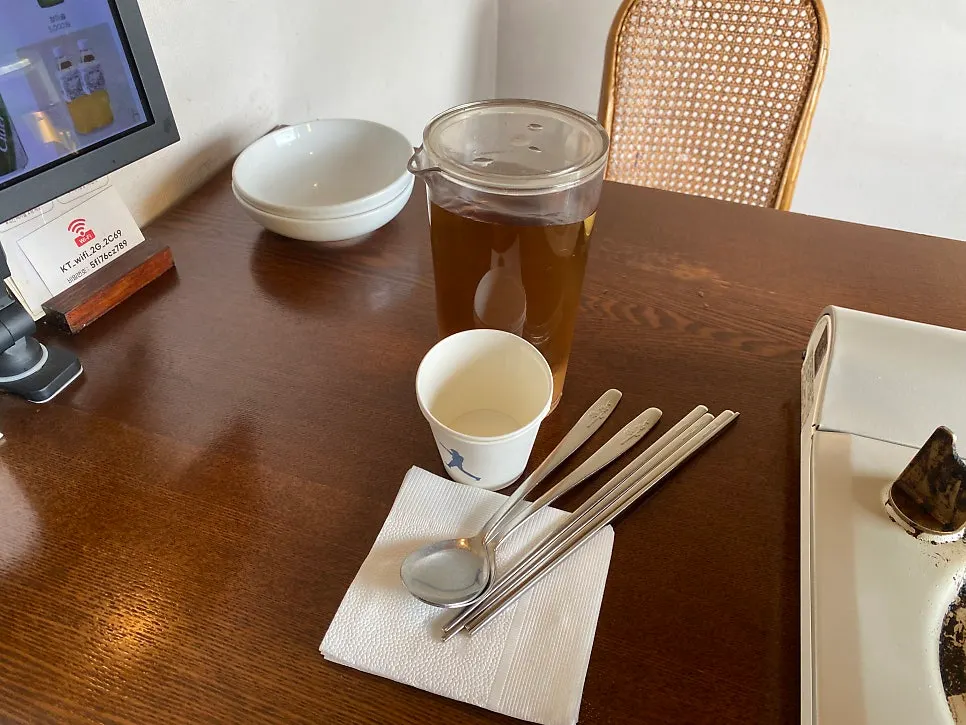 Table set with water, utensils, and small plates