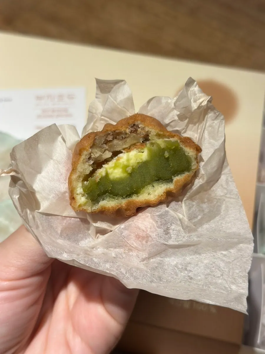 Walnut pastry filled with matcha red bean