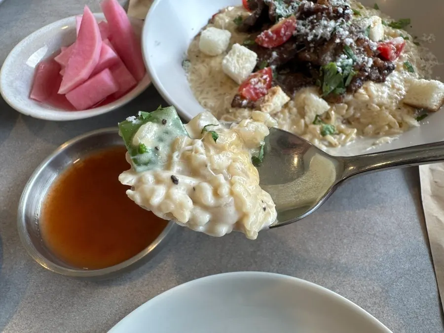 Risotto topped with galbi-style meat