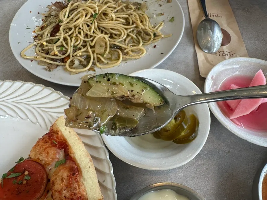 Beef brisket pasta with zucchini and onion