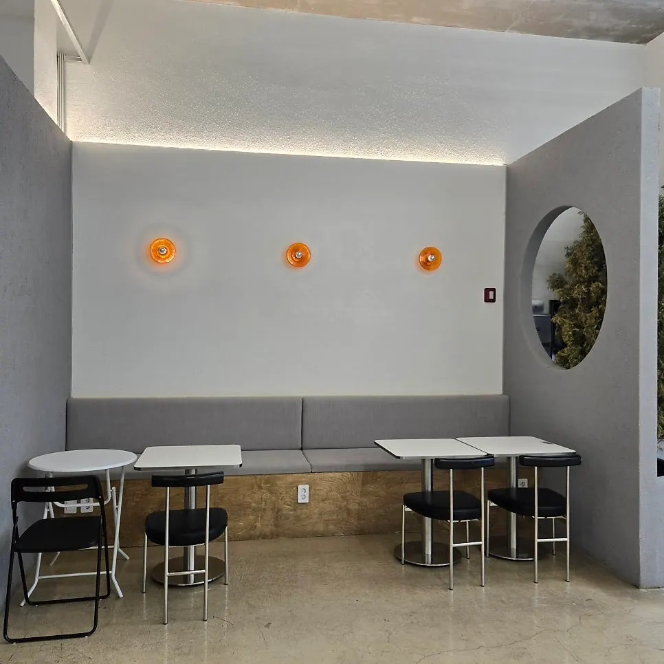 Café interior with expansive windows