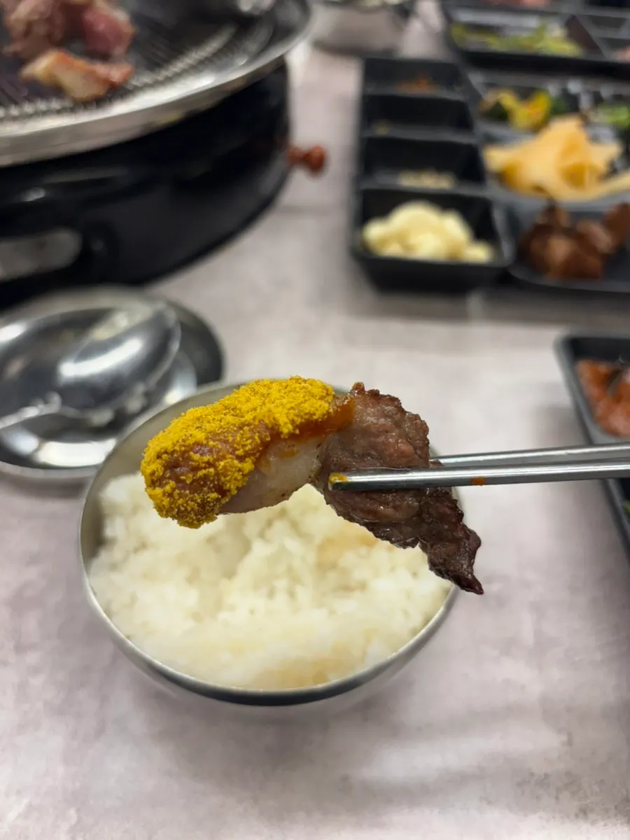 밥 위에 고기를 올리고 소스를 얹은 한 입
