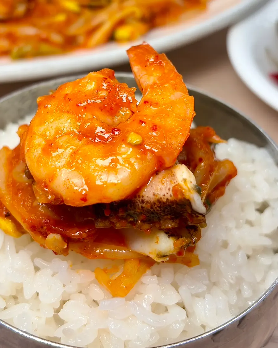Octopus and shrimp placed on top of rice