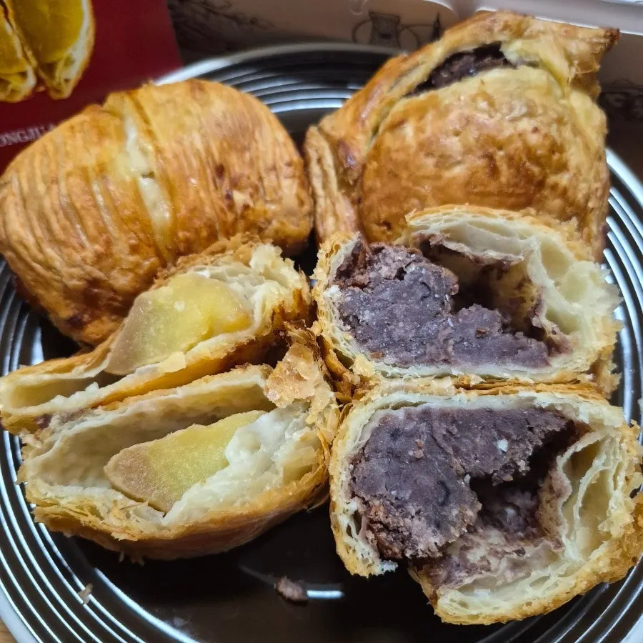 Cross-section of the Tokyo Red Bean Pie filled with sweet red bean paste