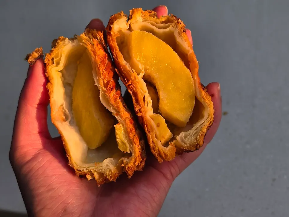 Lengthwise cross-section revealing the whole apple inside the pie