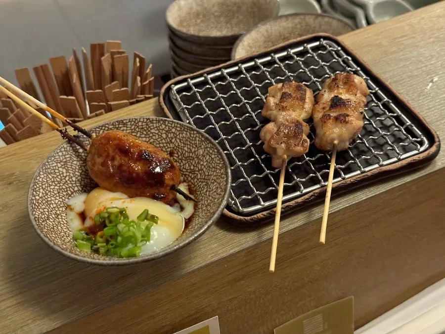 Chicken skin and chicken wing yakitori