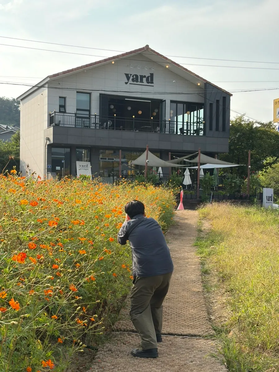 Café Yard sign standing in front of the flower field