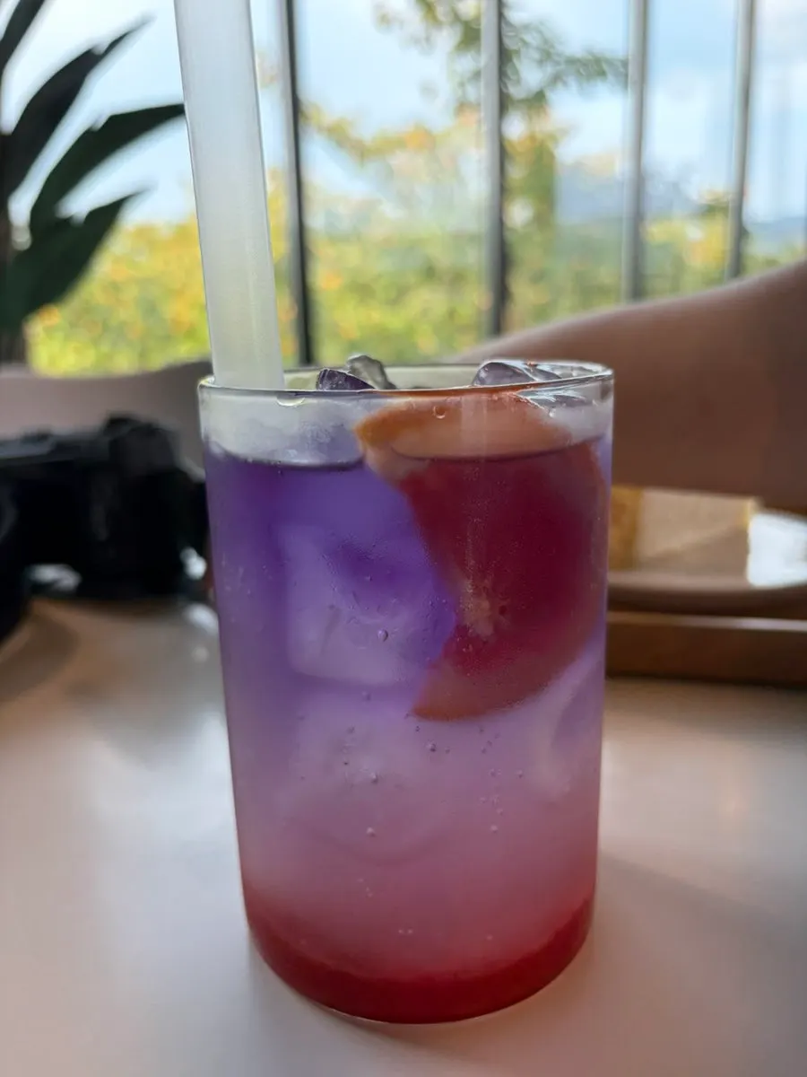 Yard's drinks and crepe cake set on a second-floor table