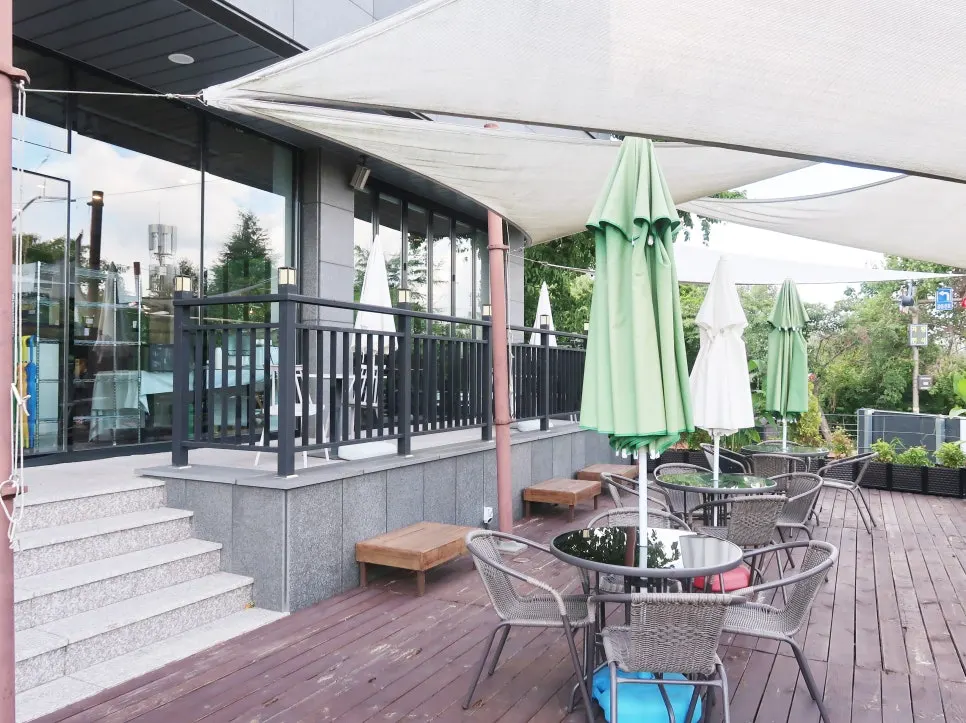 Outdoor tables overlooking the flower field