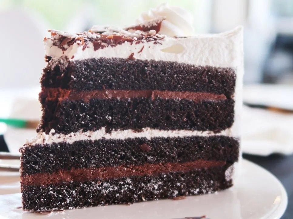 Chocolate whipped-cream cake and drinks