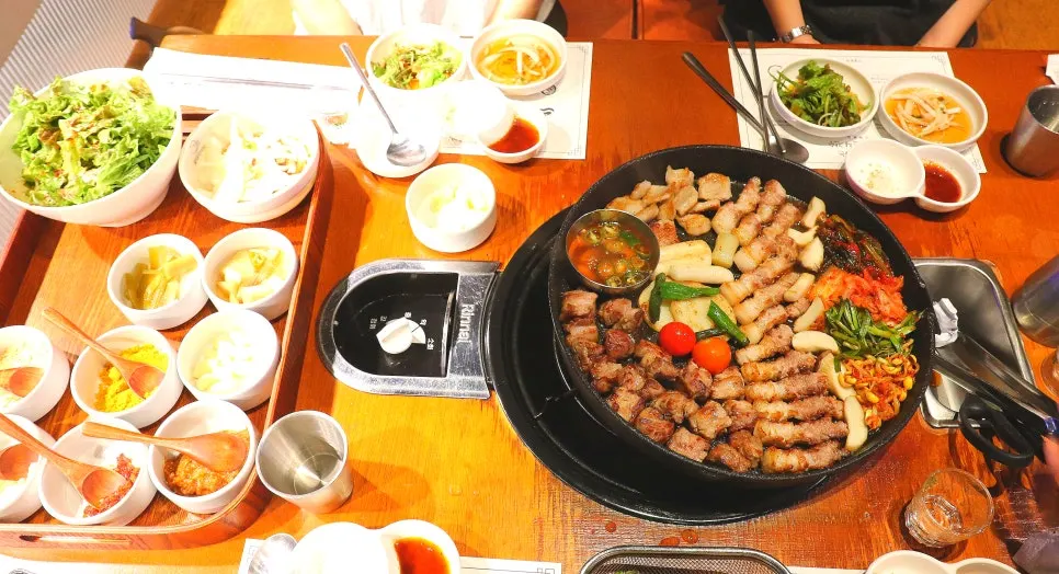 Full spread of the generous meat table setting