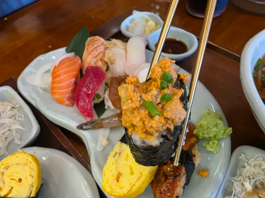 Sushi and udon set laid out on the table
