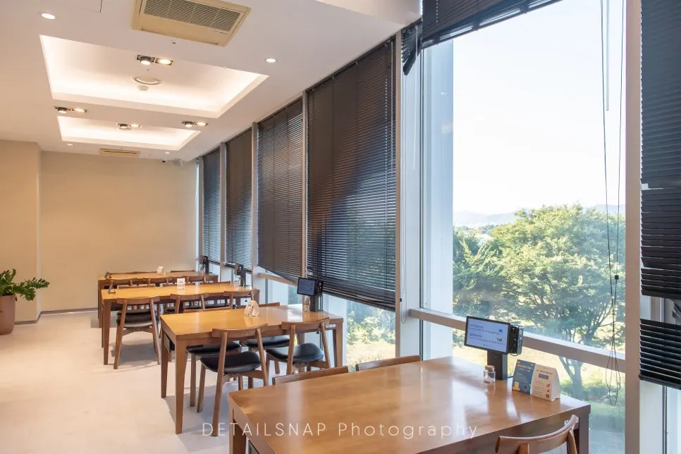 Modern, clean table seating at Cafe Dongi
