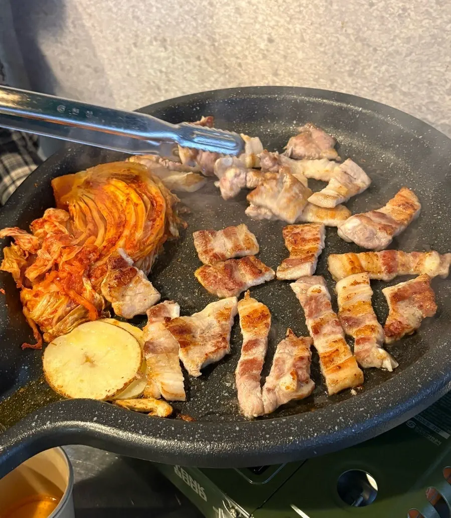 Close-up of well-grilled pork belly