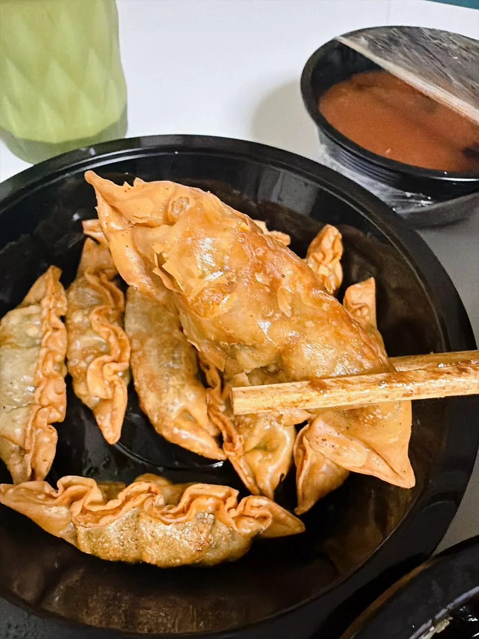 Cross-section of a crispy dumpling with a full filling