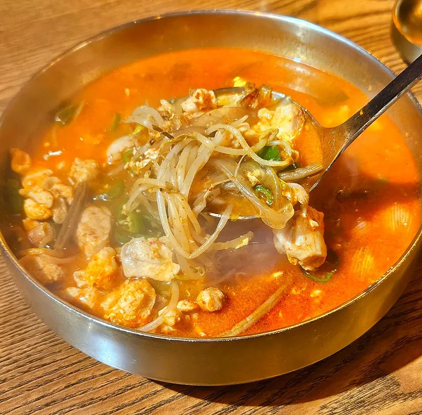 Bean sprouts and flat glass noodles inside the dakgaejang