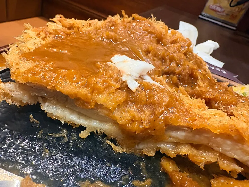 The hot dog folded with meat on top, ready to eat