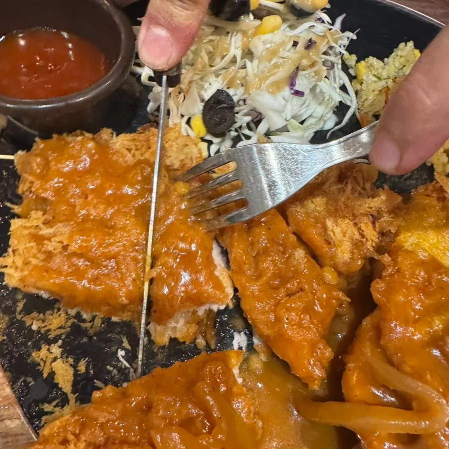 A piece of chicken cutlet with sauce